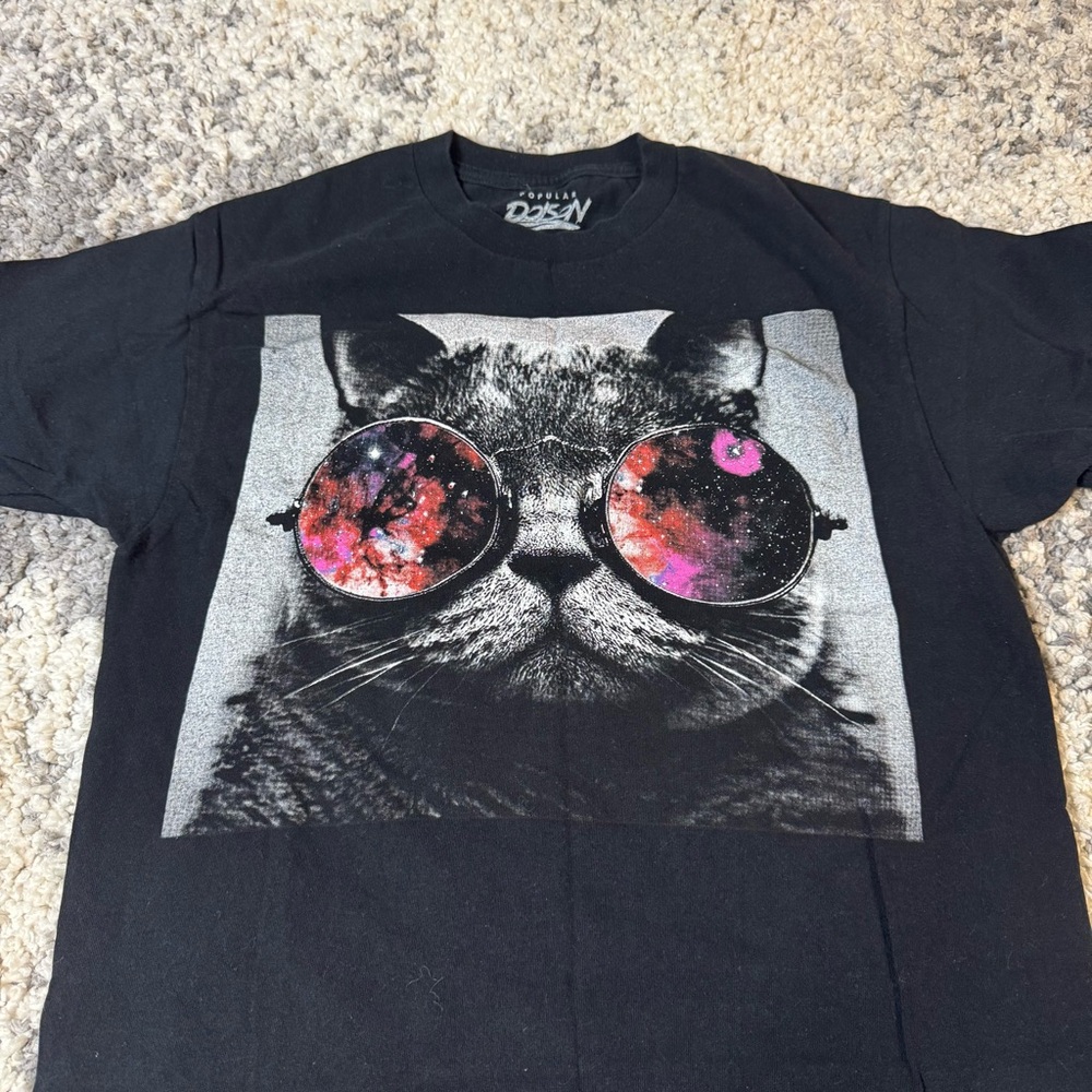 Popular Poison, Men’s Short Sleeve Graphic T-Shirt with Black Cat in Sunglasses - Picture 2 of 5